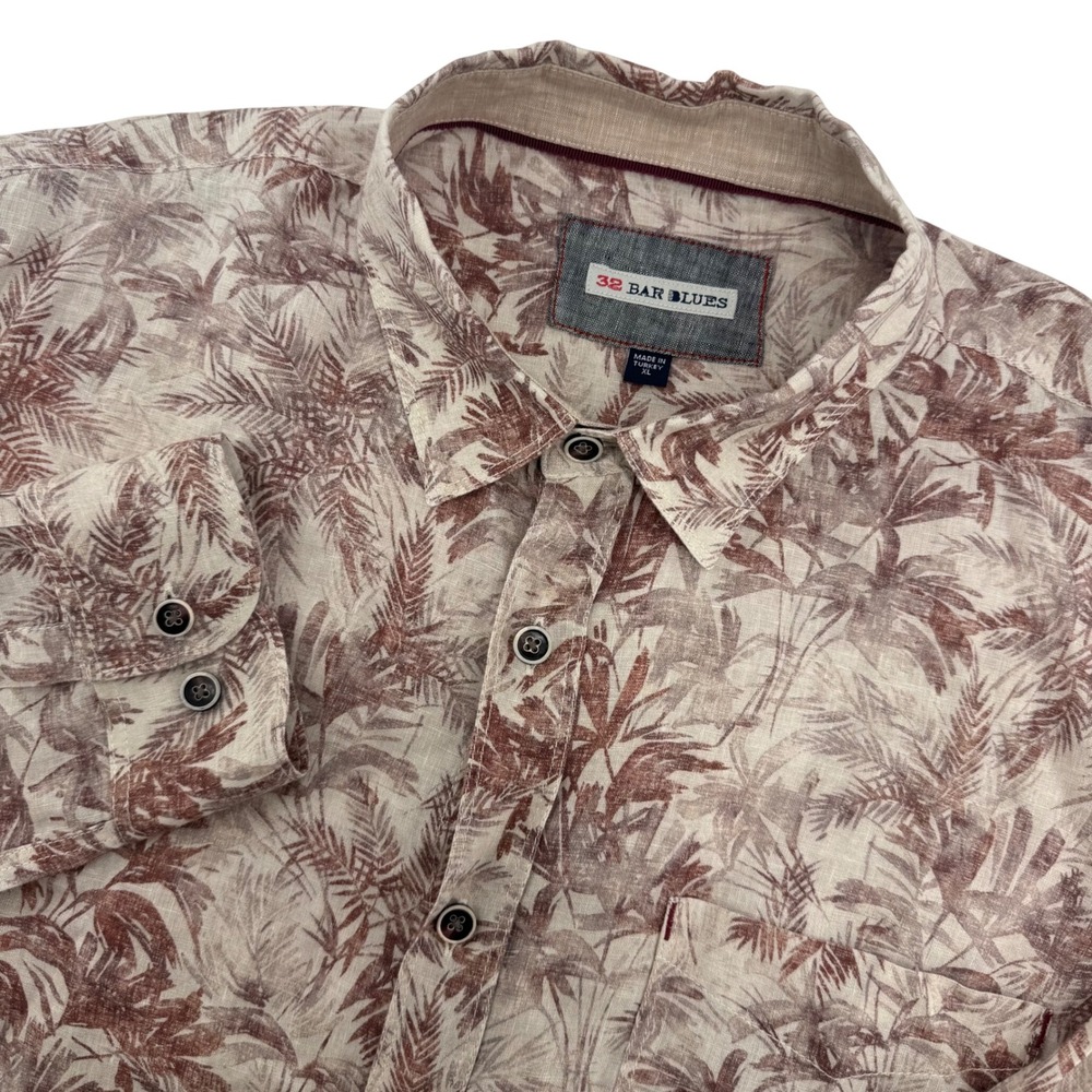 32 Bar Blues Mens XL Go Red Go Linen Floral Tropical Palm Leaf Shirt Maroon